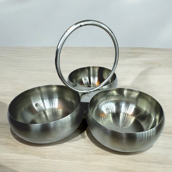 Condiment Trio Divided Serving Dish Silver Stainless Steel Modern Look - Picture 1 of 3